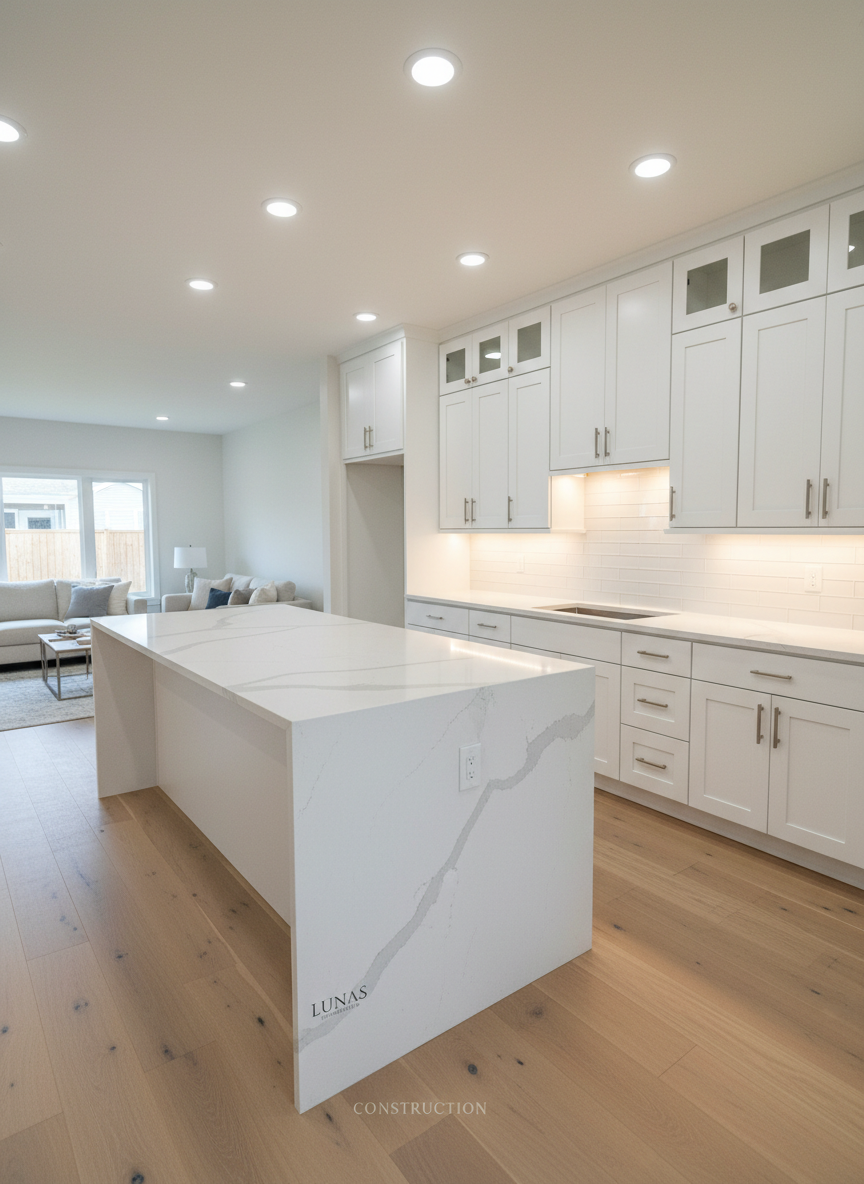 A freshly remodeled open-concept kitchen showcasing Lunas Construction’s craftsmanship, with sleek white shaker cabinets, a large quartz waterfall island in soft gray veining, and brushed stainless-steel hardware. The island is centered beneath recessed ceiling lights and subtle under-cabinet LED strips that wash the glossy subway tile backsplash in warm, even light. Wide-plank light oak flooring runs seamlessly into an adjacent, softly blurred living area. Shot at eye level in photographic realism with a wide-angle lens, the composition follows the rule of thirds, emphasizing clean lines, precise finishes, and flawless alignment of cabinetry. The atmosphere feels professional, modern, and inviting, conveying a sense of reliability and high-end construction quality without any people present.
