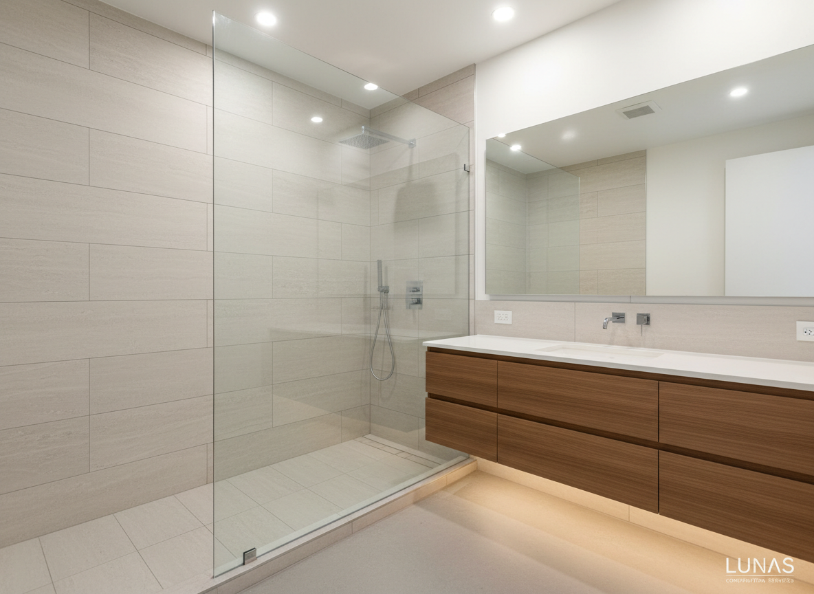 A modern bathroom remodel in photographic realism, showcasing a glass-enclosed walk-in shower with large-format matte porcelain tiles in soft stone tones, expertly aligned with minimal grout lines. A floating vanity in warm walnut veneer with a white solid-surface countertop and rectangular undermount sink sits opposite, featuring a sleek, wall-mounted chrome faucet. A large frameless mirror reflects the clean geometry of the space. Recessed ceiling lights and a discreet LED strip under the vanity cast soft, even illumination, creating subtle reflections on the glass and fixtures. Shot from a slightly elevated angle, the composition captures the entire room with sharp clarity, emphasizing precise tile cuts, seamless transitions, and meticulous finishing that convey the professional quality of Lunas Construction’s remodeling services.
